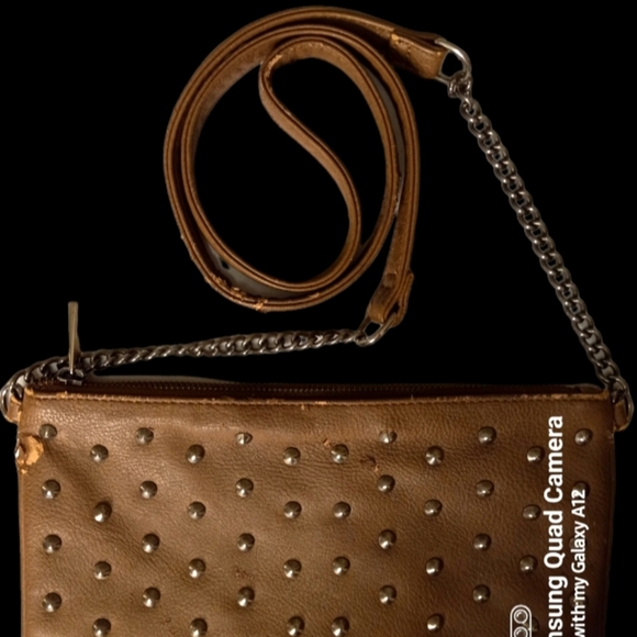 Express women's Purse Faux Leather tan Studded Messenger/Crossbody, Medium. - Picture 12 of 14